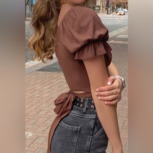 (SOLD) listicle brown puff sleeve tie top